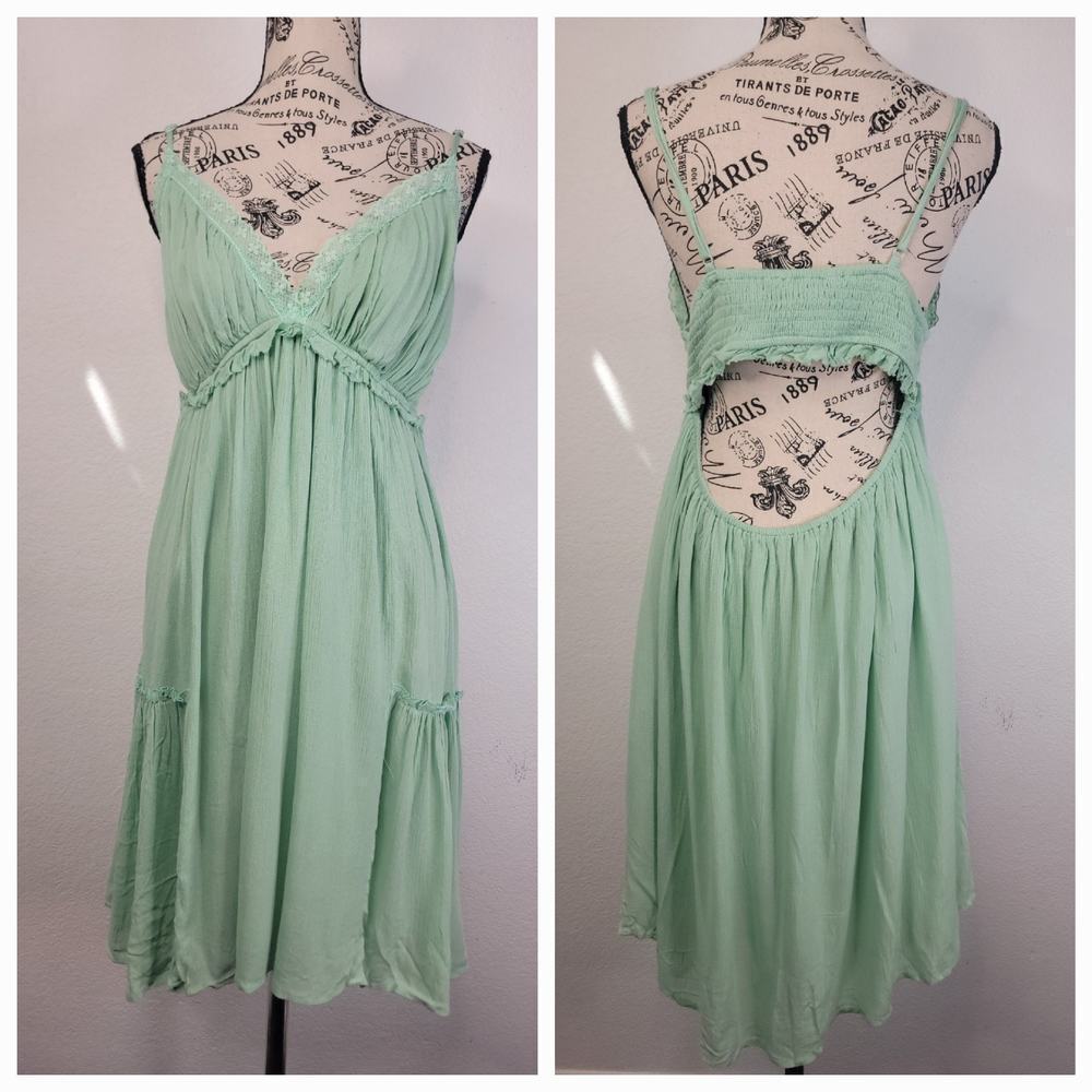 Listicle Mini Dress XL Lace Trim Smocked Open Back Pockets Flowy Fairy Bohemnian